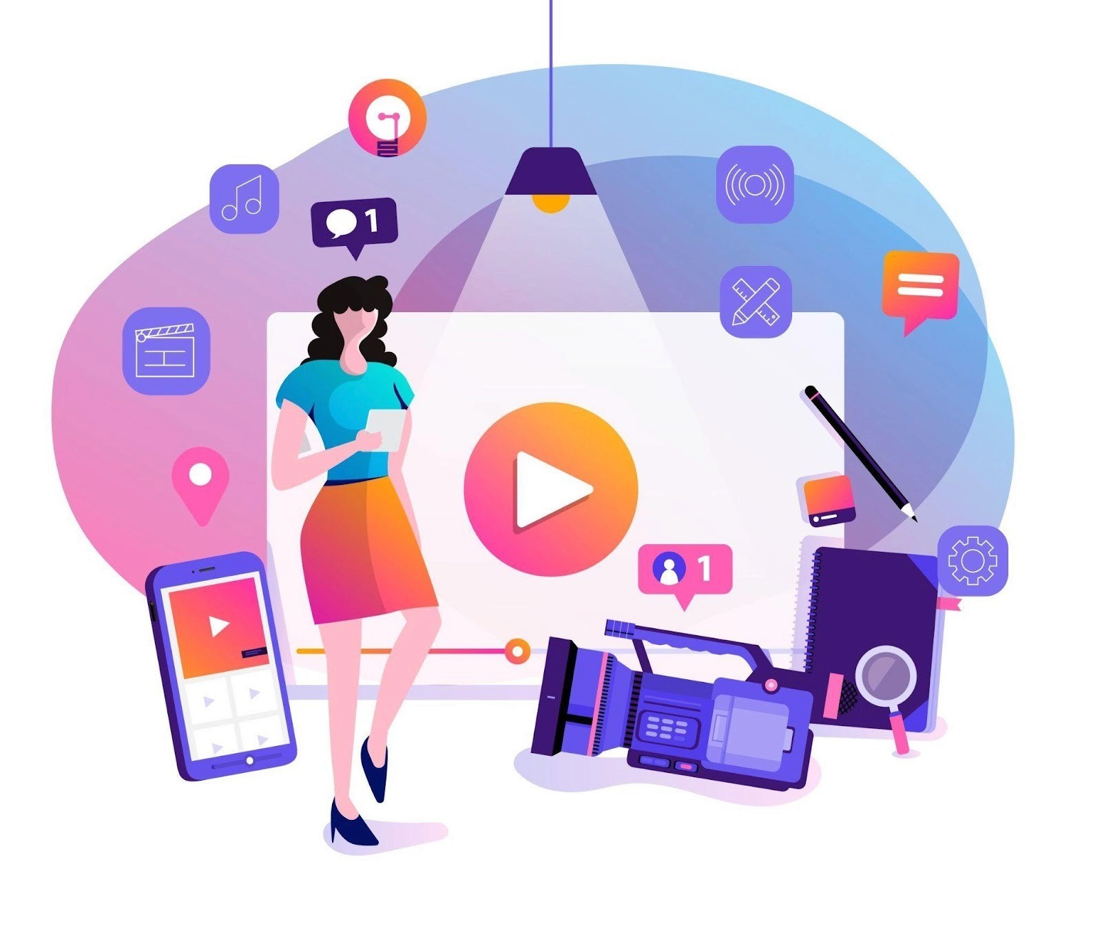 Female content creator with video production tools and social media icons for influencer marketing campaigns