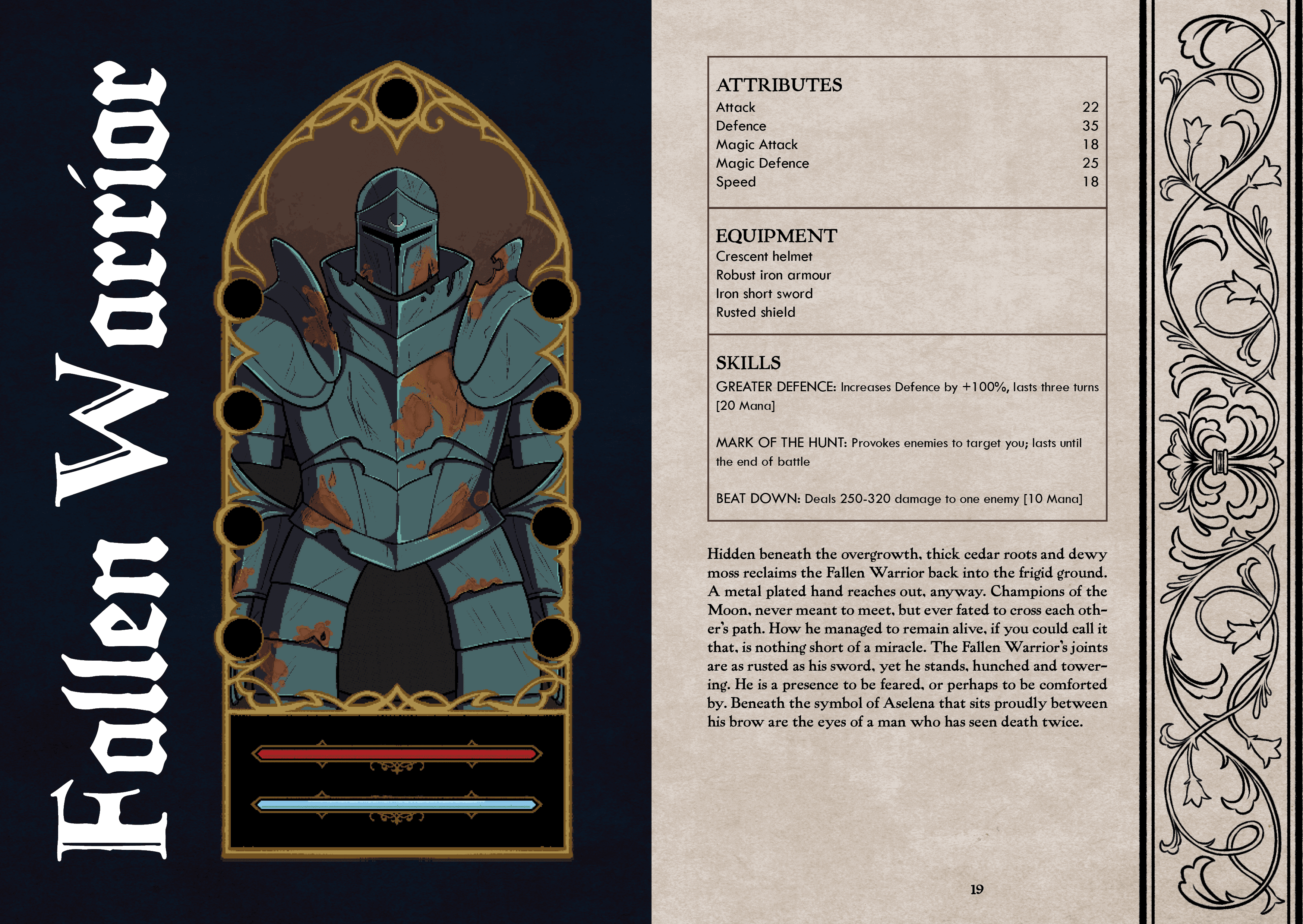 Character info page on the fallen warrior. Left side is an illustration, right side is the character stat block and minor description