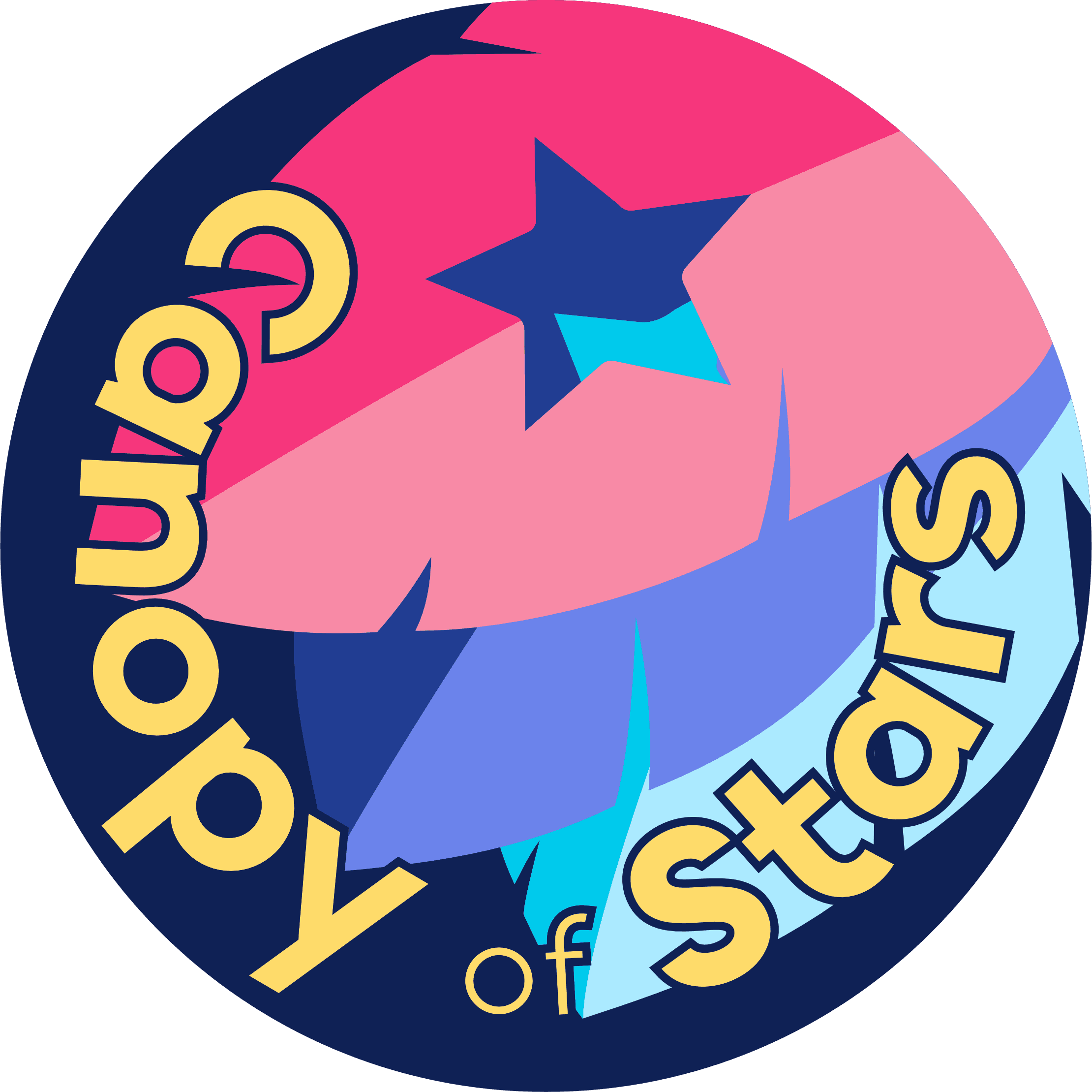 A round logo of Canopy of stars that has the writing in bright yellow wrapped around the circle. from the top right, three leaves reach into the middle, all stacked on top of each other. Pink, purple and turquoise leaves, all with star cutouts.