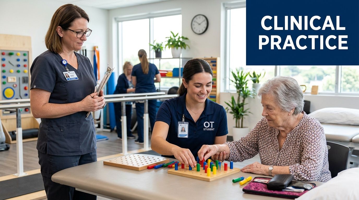 An occupational therapy student and a clinical instructor work with an elderly patient on motor skills exercises.