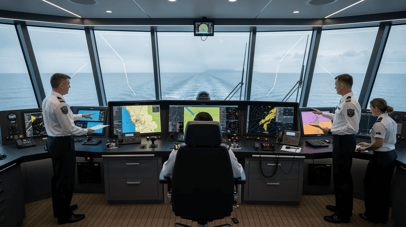 The image depicts a modern ship bridge where crew members are actively reviewing digital navigation screens, analysing real-time data related to ocean conditions. This environment showcases the integration of digital twin technology in the maritime industry, enhancing operational efficiency and decision-making through advanced data collection and analysis.