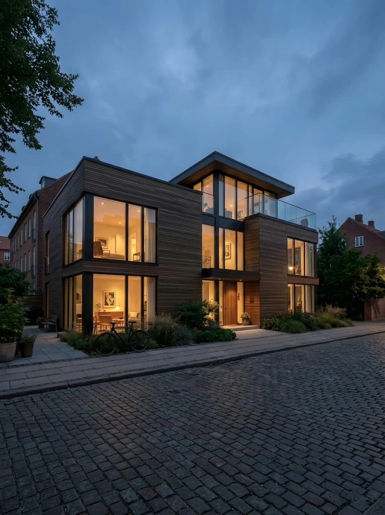 An exterior twilight shot of a modern three-story townhouse featuring a warm wood-planked facade and large, glowing square windows. The home includes a top-floor balcony with glass railings, a paved sidewalk out front with low landscaping, and a bicycle parked near the entrance under a deep blue evening sky.