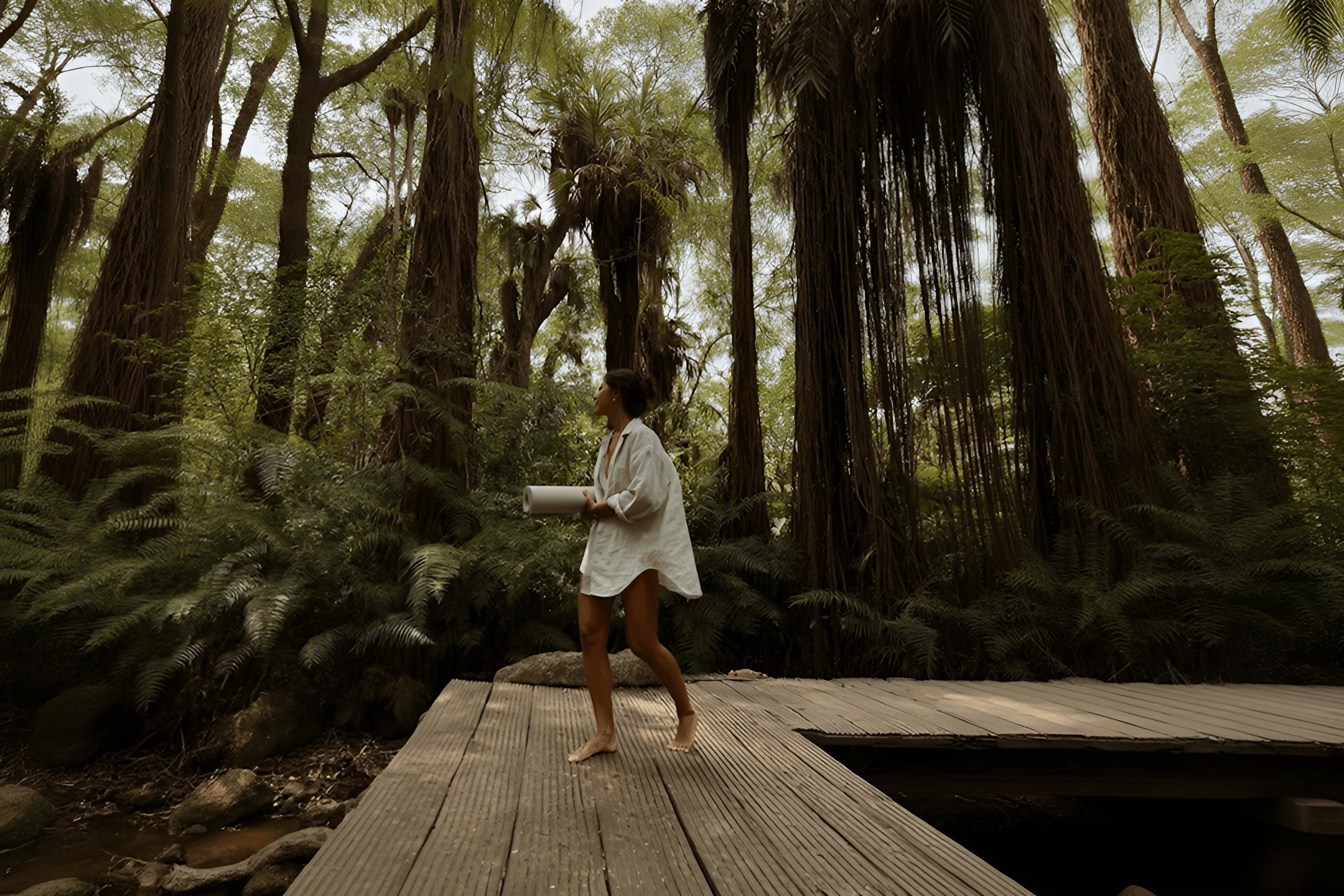 Woman practicing yoga in a forest
