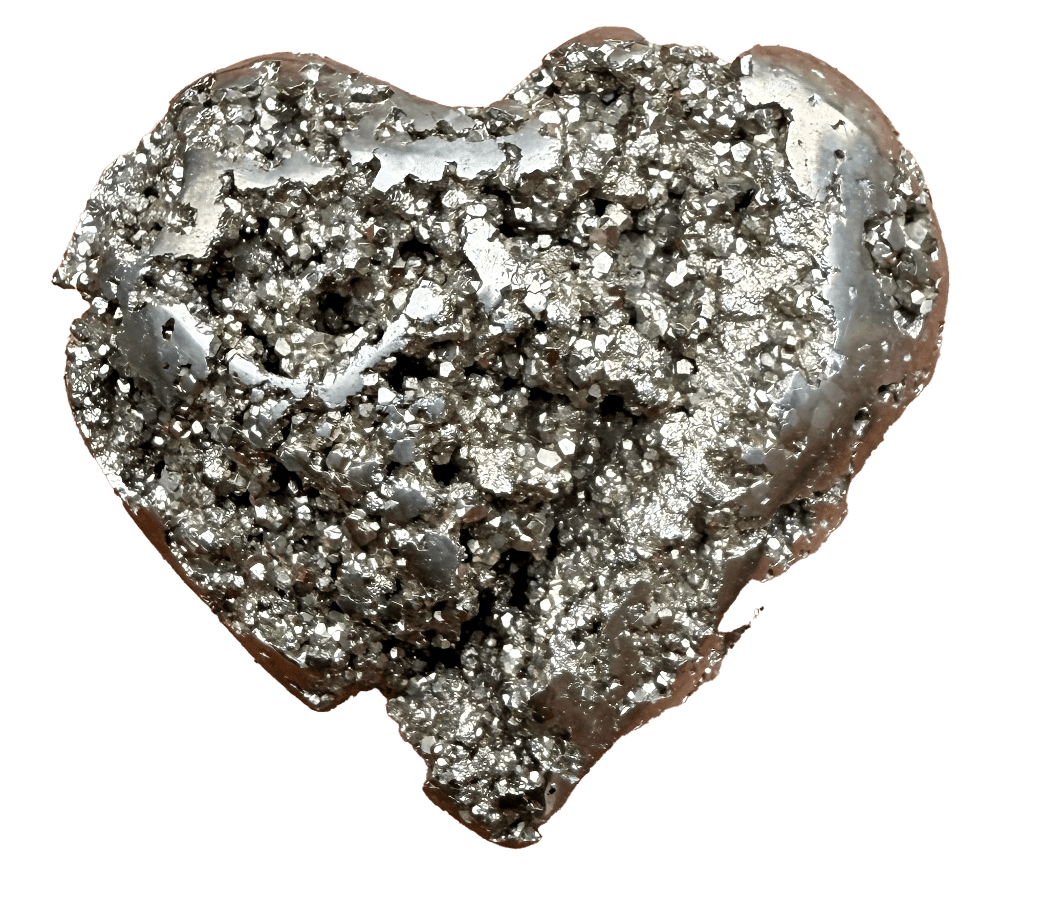 Textured metallic heart shape with a rough, uneven surface, set against a plain background.