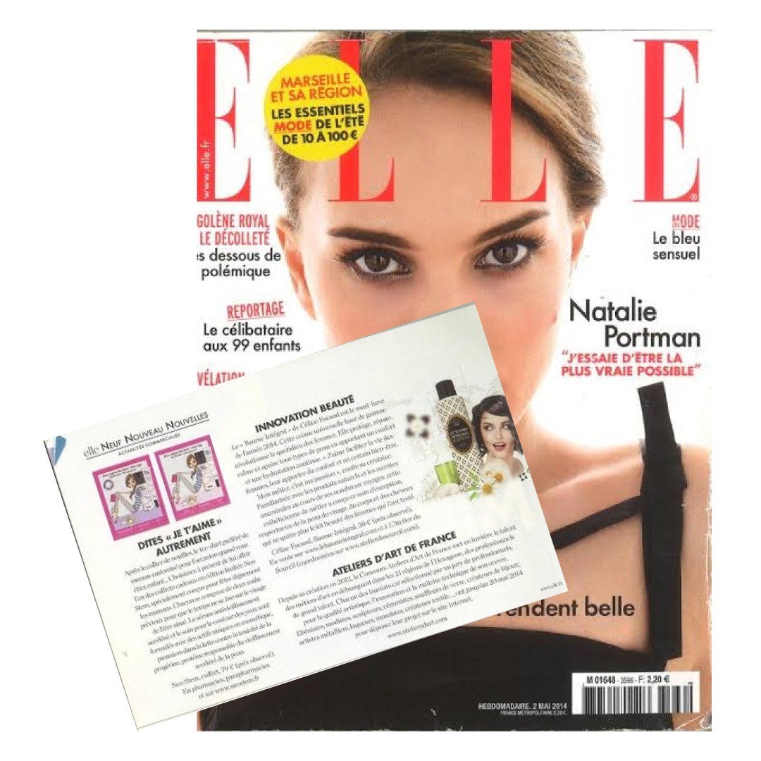 Magazine ELLE France présentant Le Baume Intégral dans la rubrique Innovation Beauté, soin bio Made in Provence signé Céline Escand
