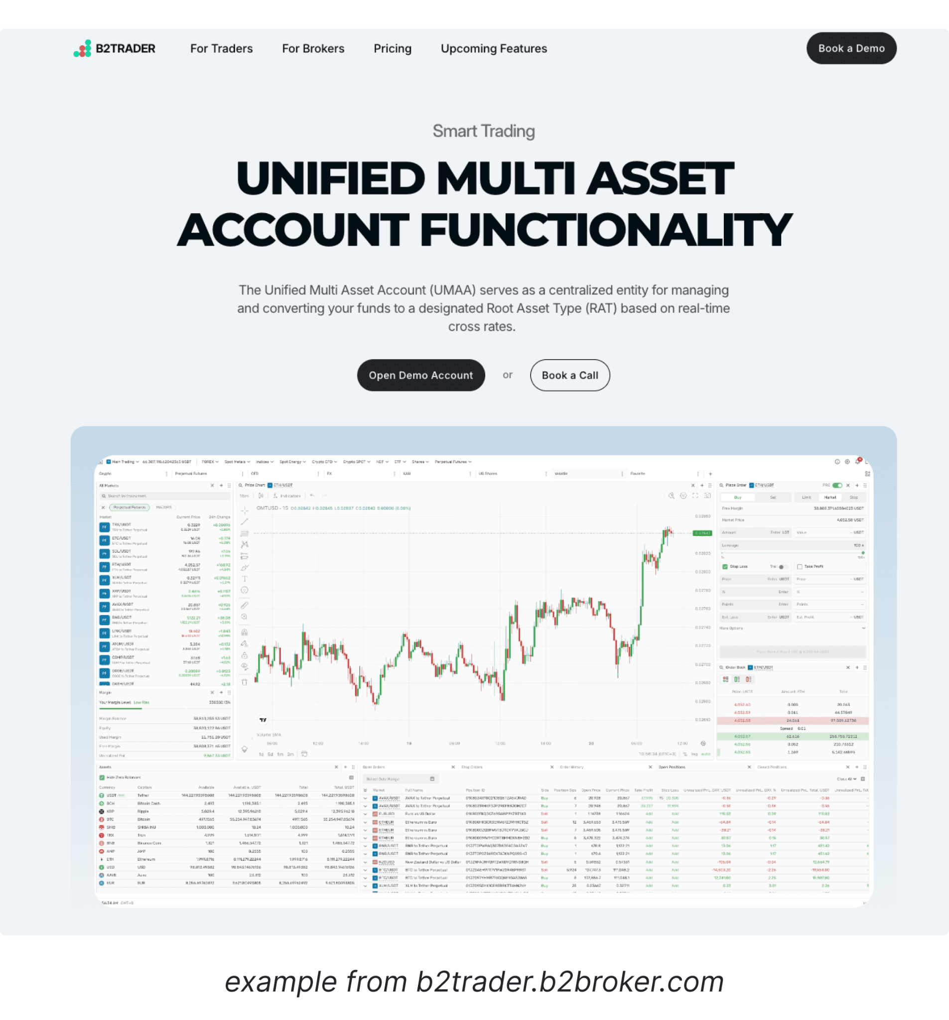 Fintech trading platform hero section showing a desktop monitor with trading dashboard interface, value proposition headline, and CTA button"