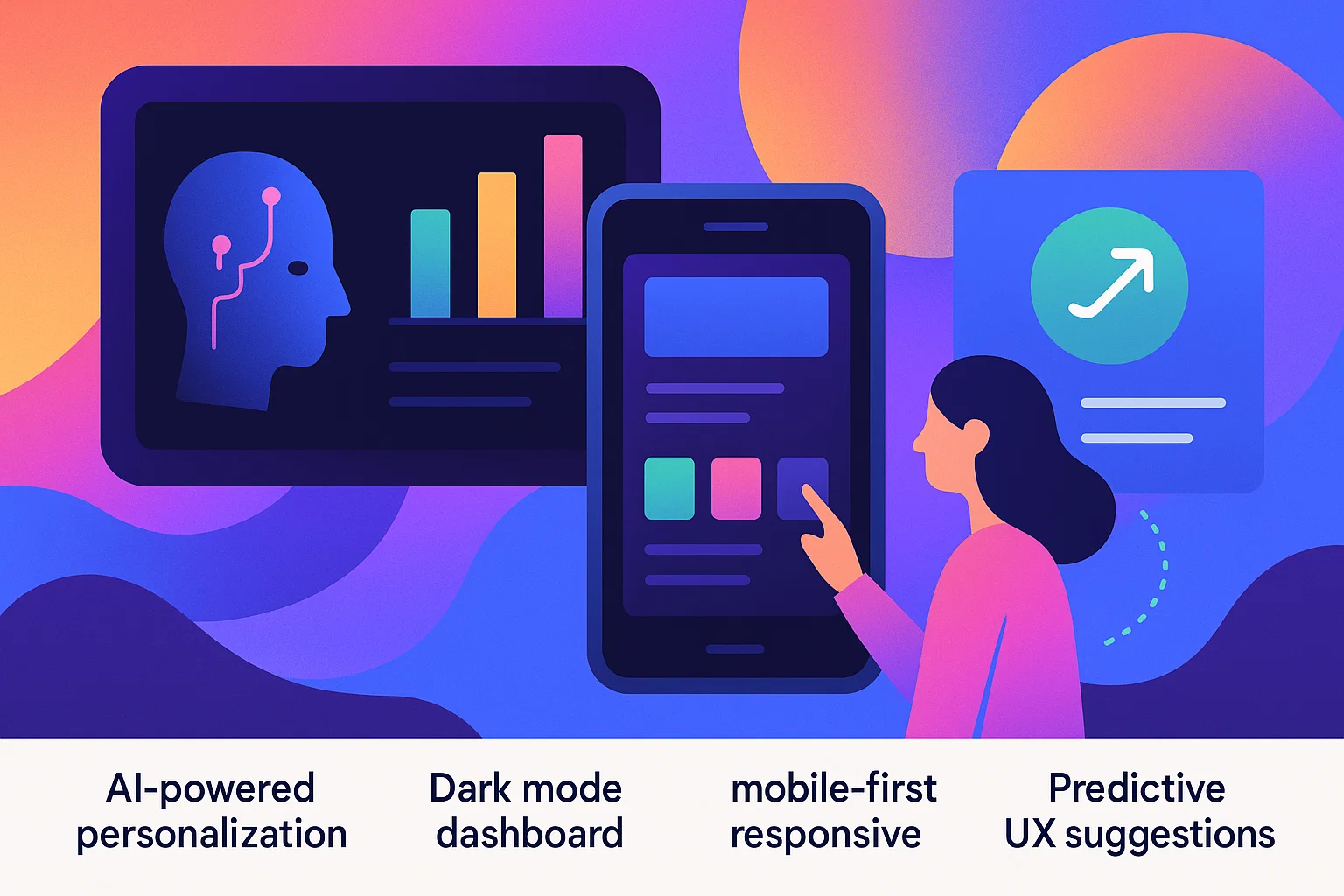Future enterprise UI trends including AI-powered personalization, dark mode dashboards, mobile-first responsive design, and predictive UX suggestions.