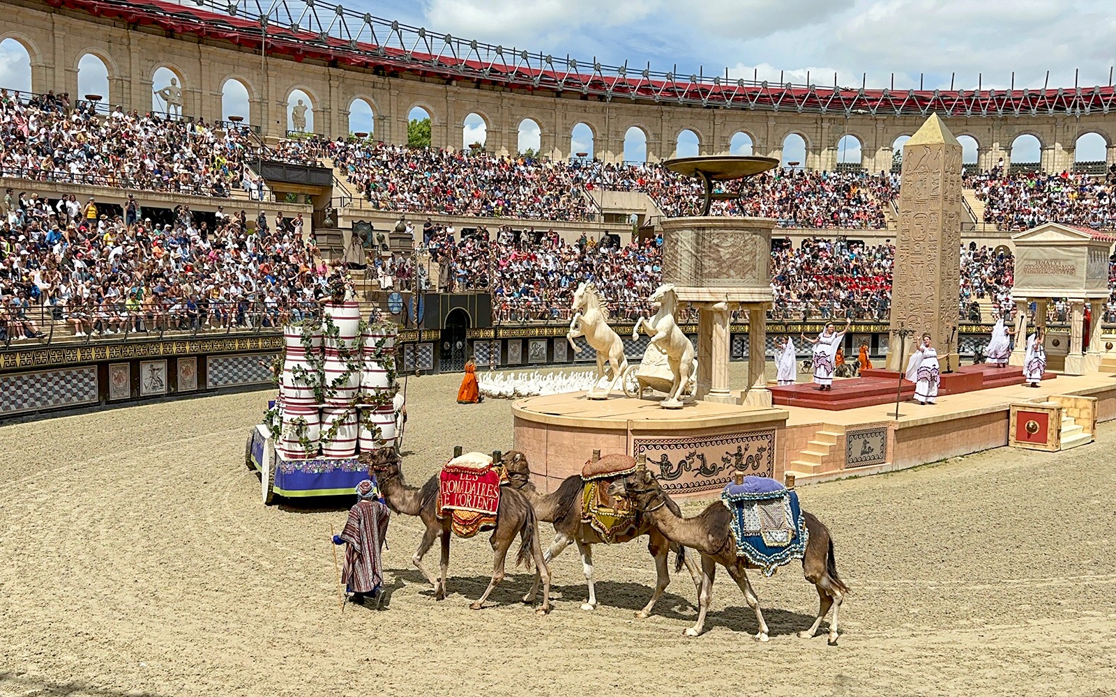 Camels in a Roman-themed arena show at Puy du Fou Theme Park.