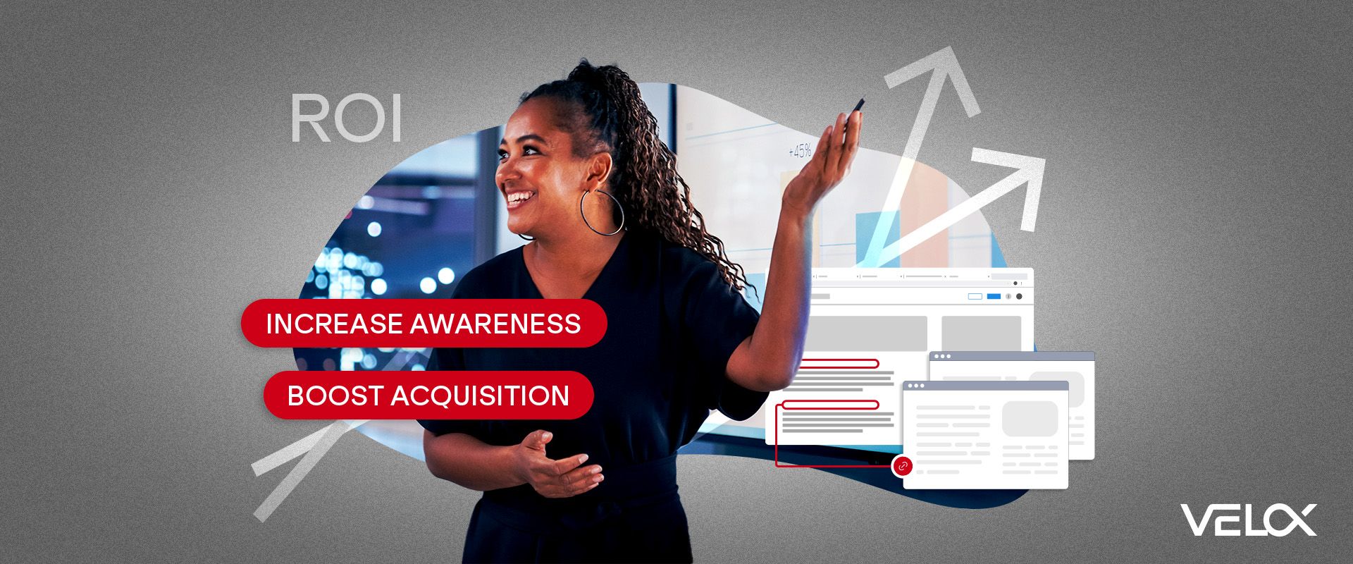 A woman presenting data with the words "ROI," "increase awareness" and "boost acquisition" floating nearby.