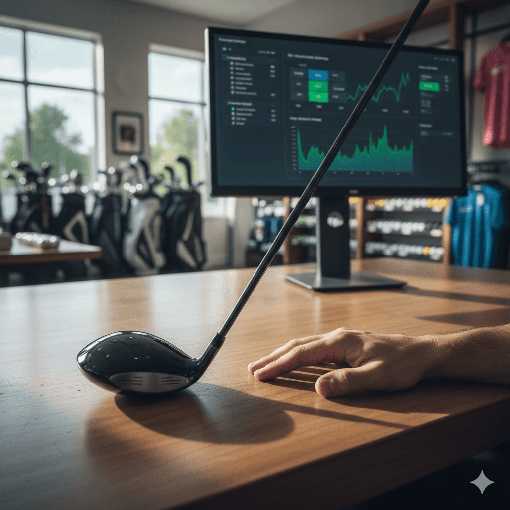 Datenbasierte Preisanalyse im Golfhandel: Ein moderner Monitor zeigt ein Dashboard mit grünen Performance-Charts und Statistiken auf einem Holztisch. Im Vordergrund ein schwarzer Golfschläger-Kopf und eine ruhende Hand in einem hellen Golfgeschäft mit Ausrüstung im Hintergrund.