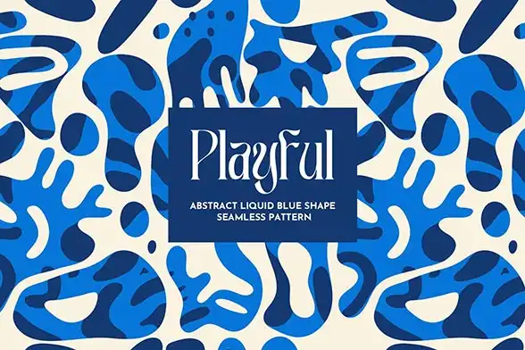 Playful abstract liquid seamless pattern, organic blue shapes background