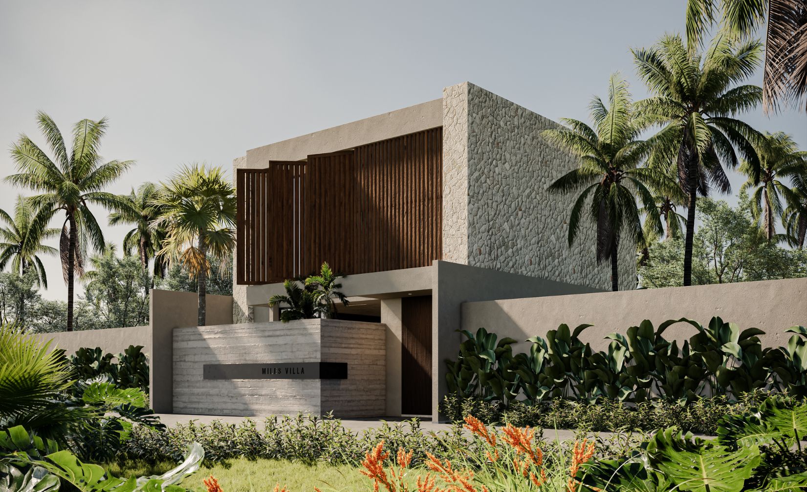 Modern Canggu property balcony overlooking a private swimming pool and tropical palm trees.