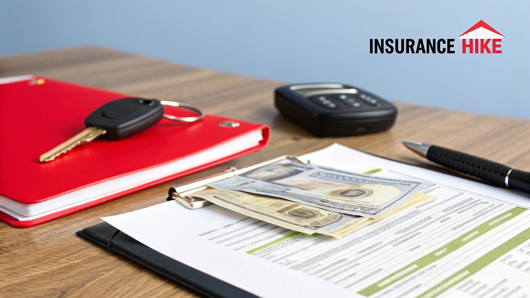 Car key, money, and insurance documents on a wooden desk, symbolizing rising auto insurance costs.