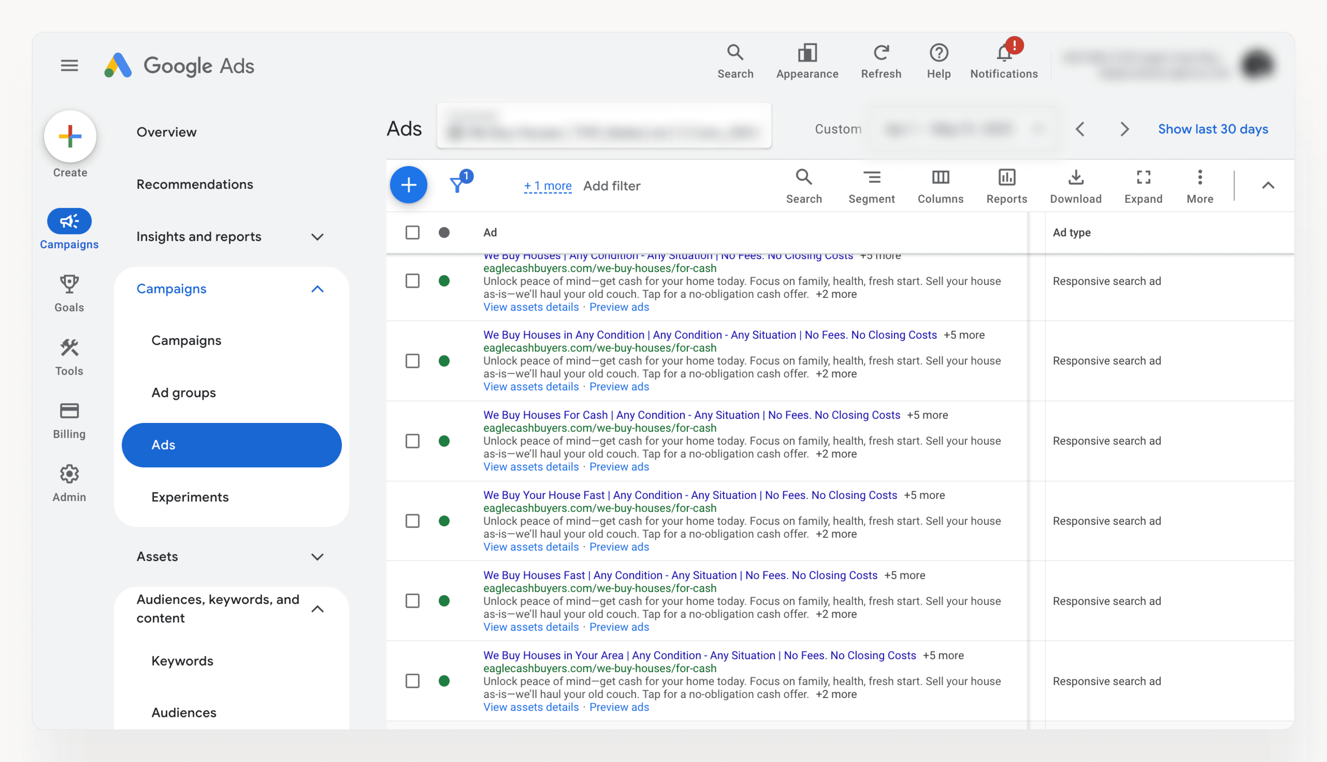 Google Ads “Ads” view listing responsive search ads for a campaign, showing headlines, descriptions, and ad type.