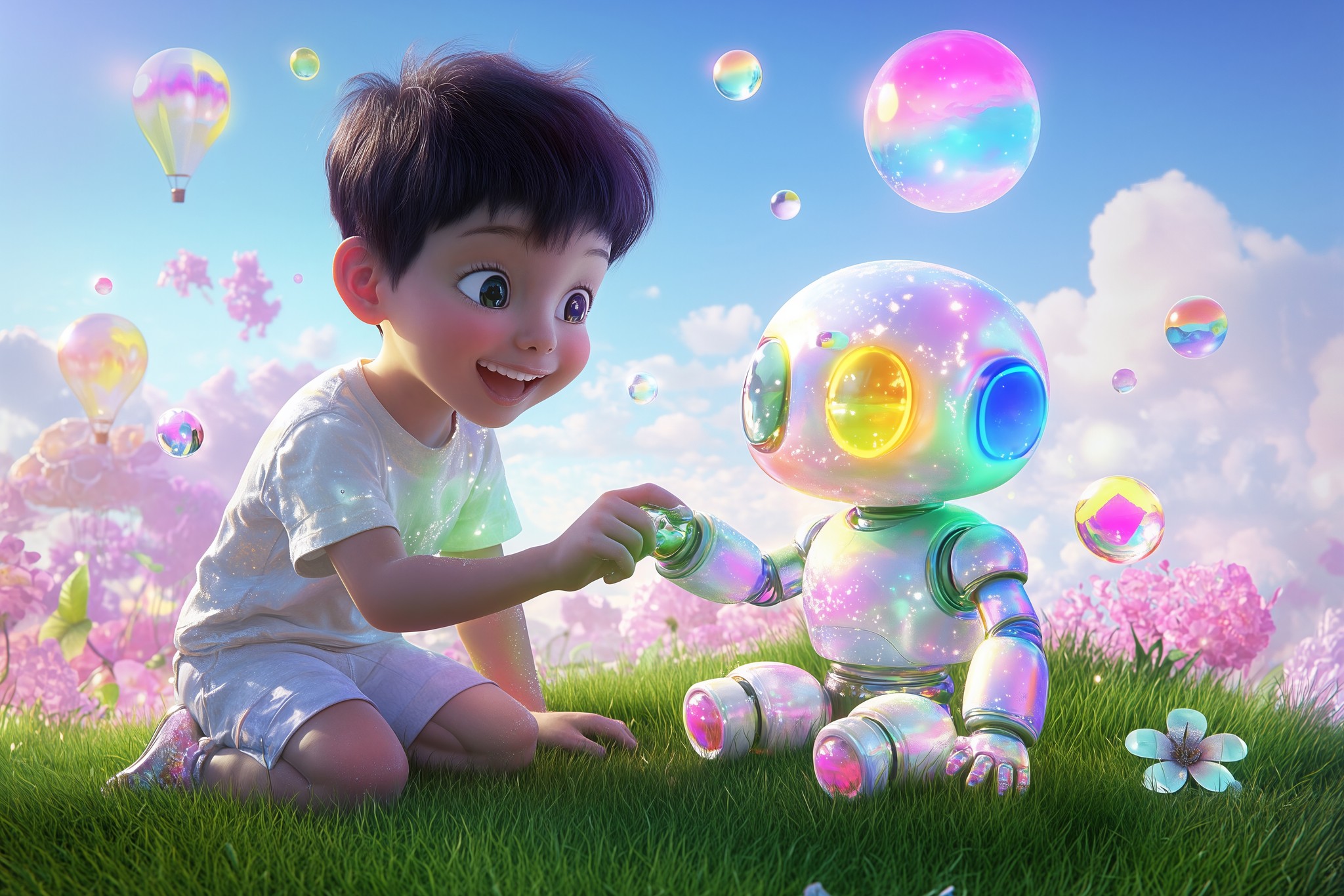 Ai generated sunny field with windmill and pink trees