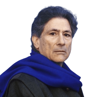 Portrait of Edward Said, the influential literary critic, theorist, and author of Orientalism, known for his work on postcolonial studies. He is shown against a solid blue background, wearing a dark jacket and a blue scarf, with a serious, reflective expression that highlights his intellectual intensity and legacy in cultural and political critique.