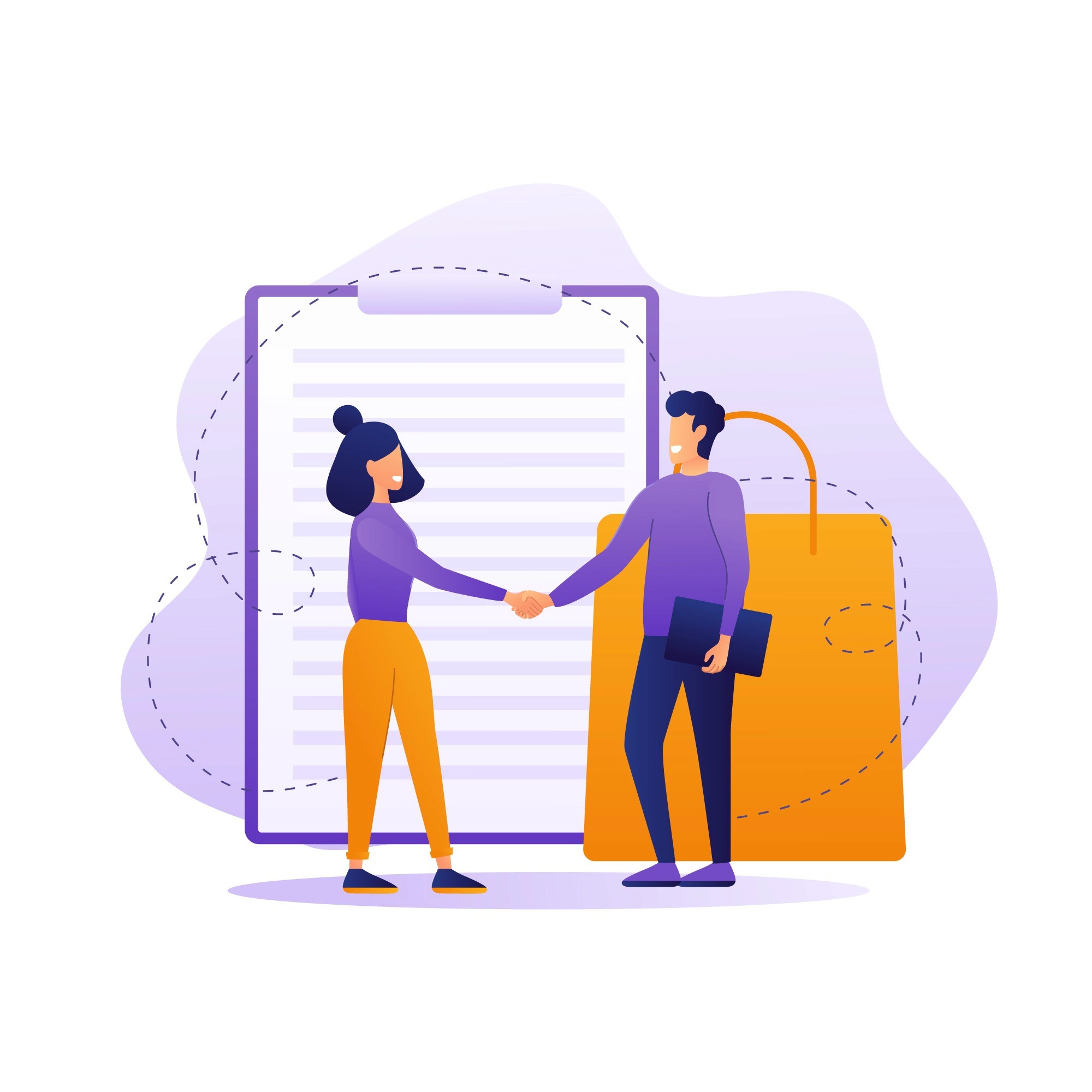 Two people shaking hands in front of a clipboard and shopping bag, representing a brand-creator partnership agreement