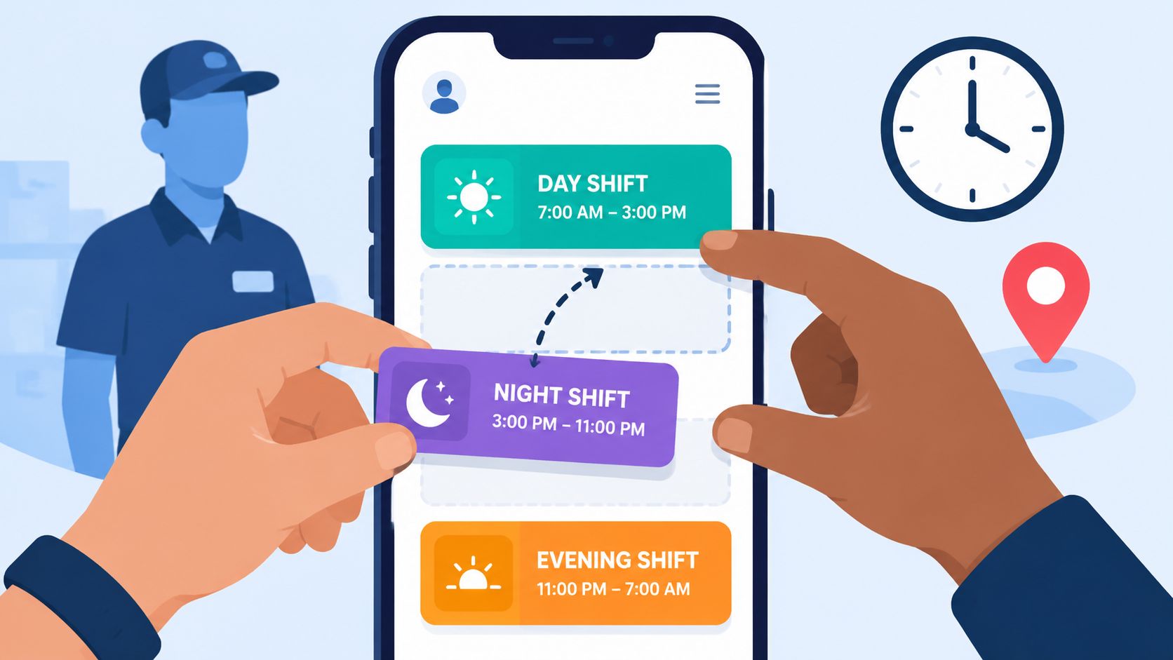 A mobile app interface displaying different work shift scheduling options being adjusted by two hands.
