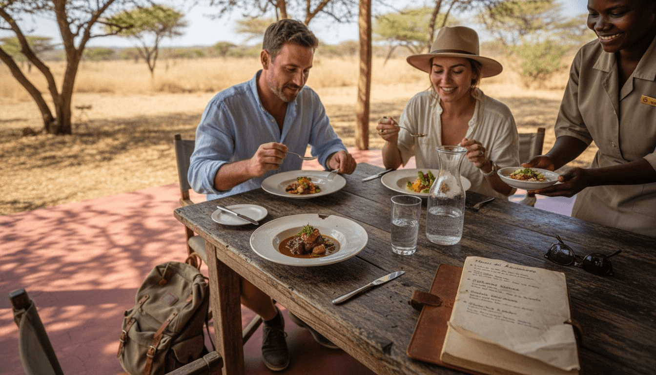 Pareja disfrutando de una cena en un lodge de safari en Namibia