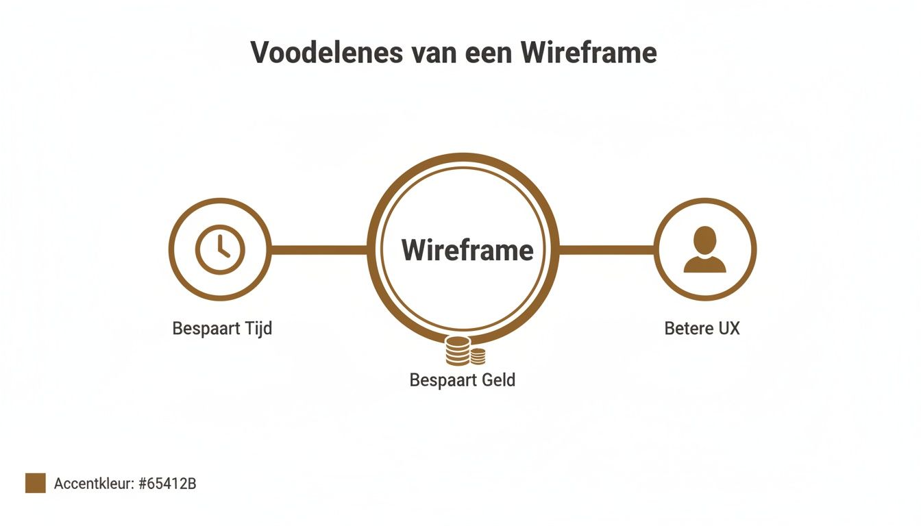 Overzicht van de voordelen van een wireframe, inclusief tijdbesparing, geldbesparing en betere gebruikerservaring.