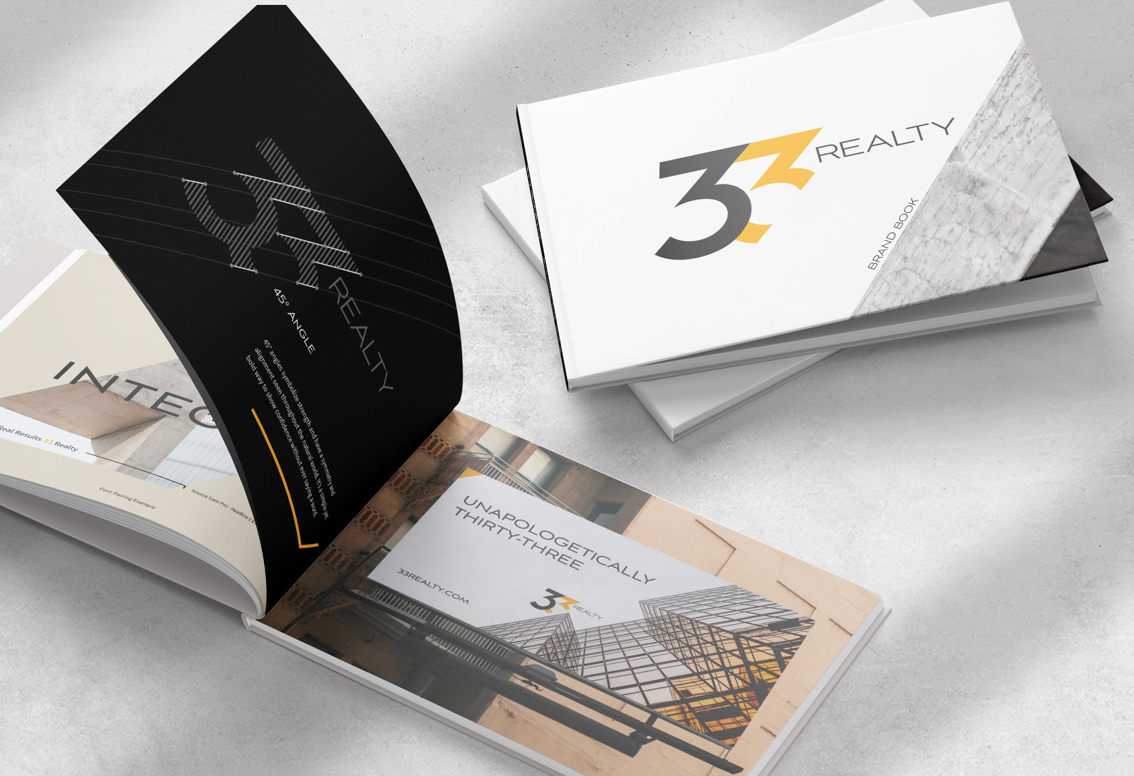 Editorial magazine design standing upright with oversized typography and clean layout