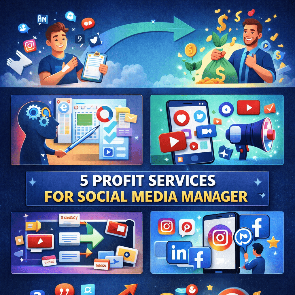 Vertical infographic titled “5 High-Profit Services for Social Media Managers” showing a transition from a stressed generalist to a successful specialist. The design highlights strategic consulting, short-form video conversion, content repurposing, and platform specialization using icons of social media apps, video play buttons, megaphones, charts, and rising income visuals, emphasizing specialization to attract $1,000+ clients.