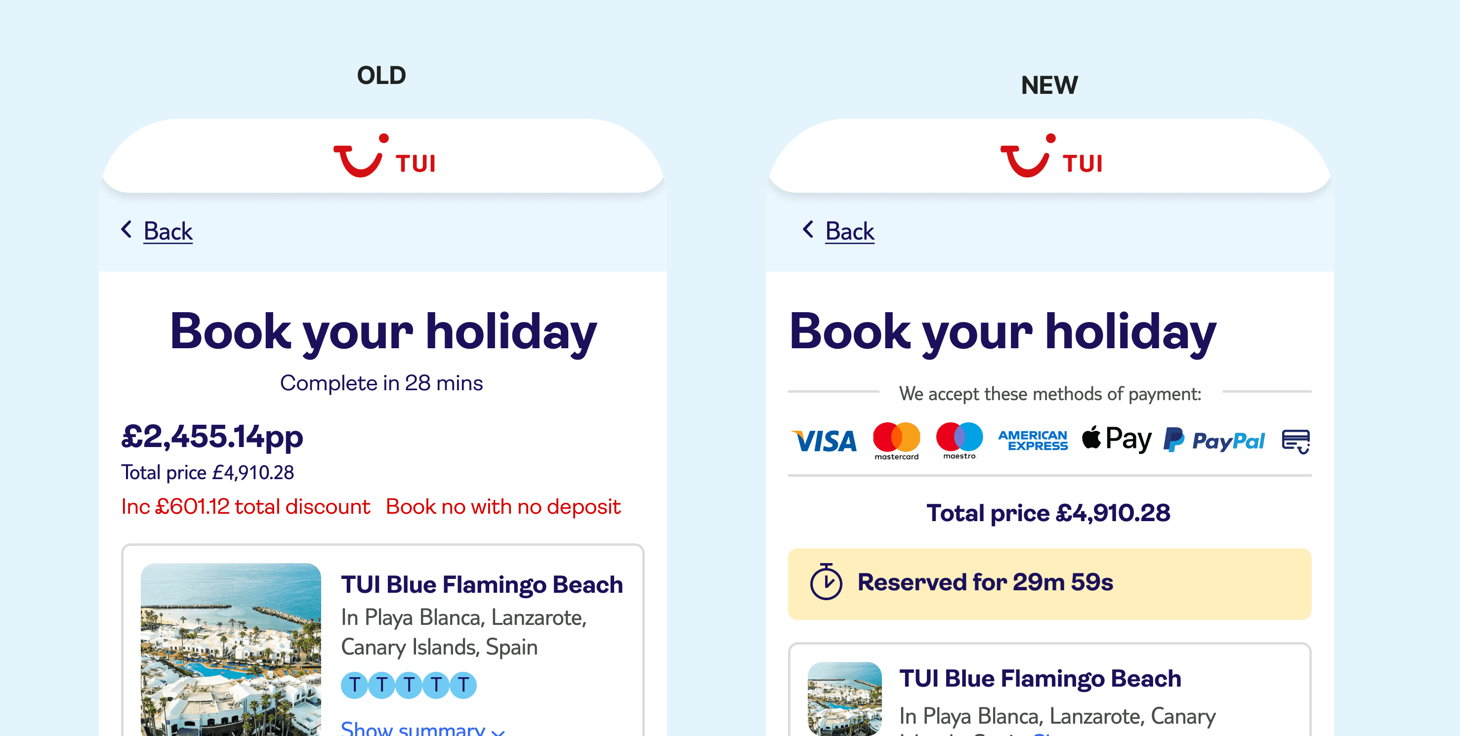 Before and after design, showing the payment methods TUI accepts.