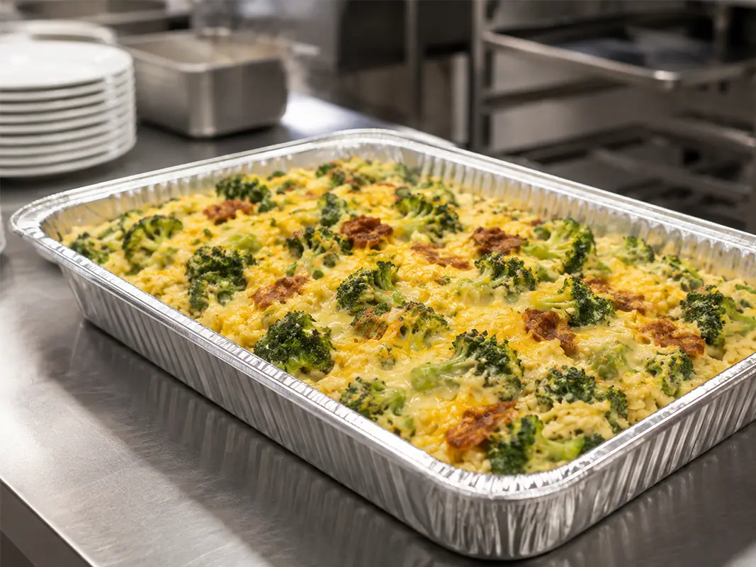 Broccoli, rice, and cheese casserole with a golden baked top in a foil catering tray.