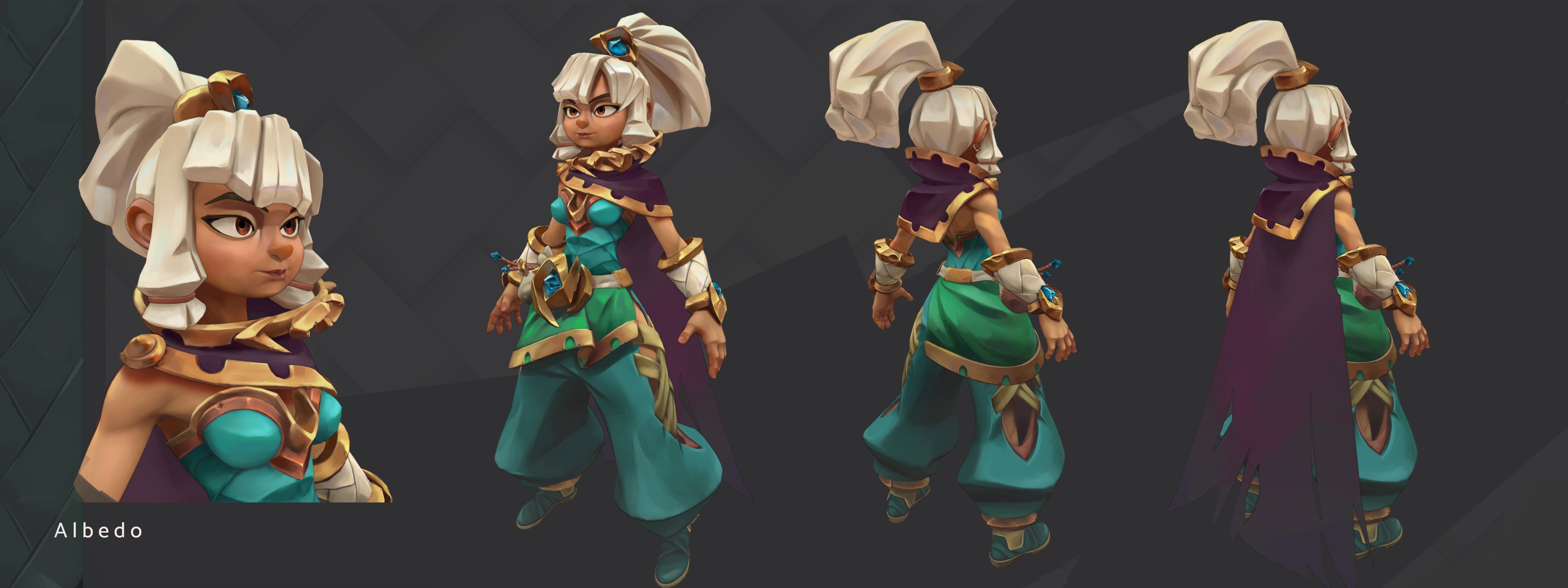 The image displays a stylized 3D character model with white hair styled in a top ponytail, wearing a teal and gold outfit with a purple cape, and showing various angles for full design visibility.