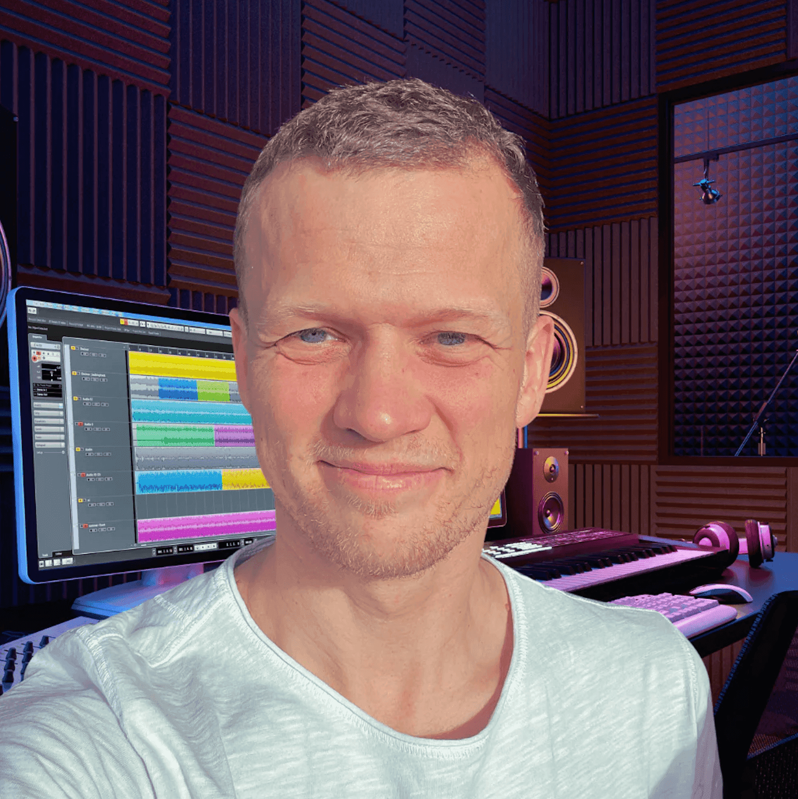 Smiling woman sitting at desk with a computer, surrounded by plants.