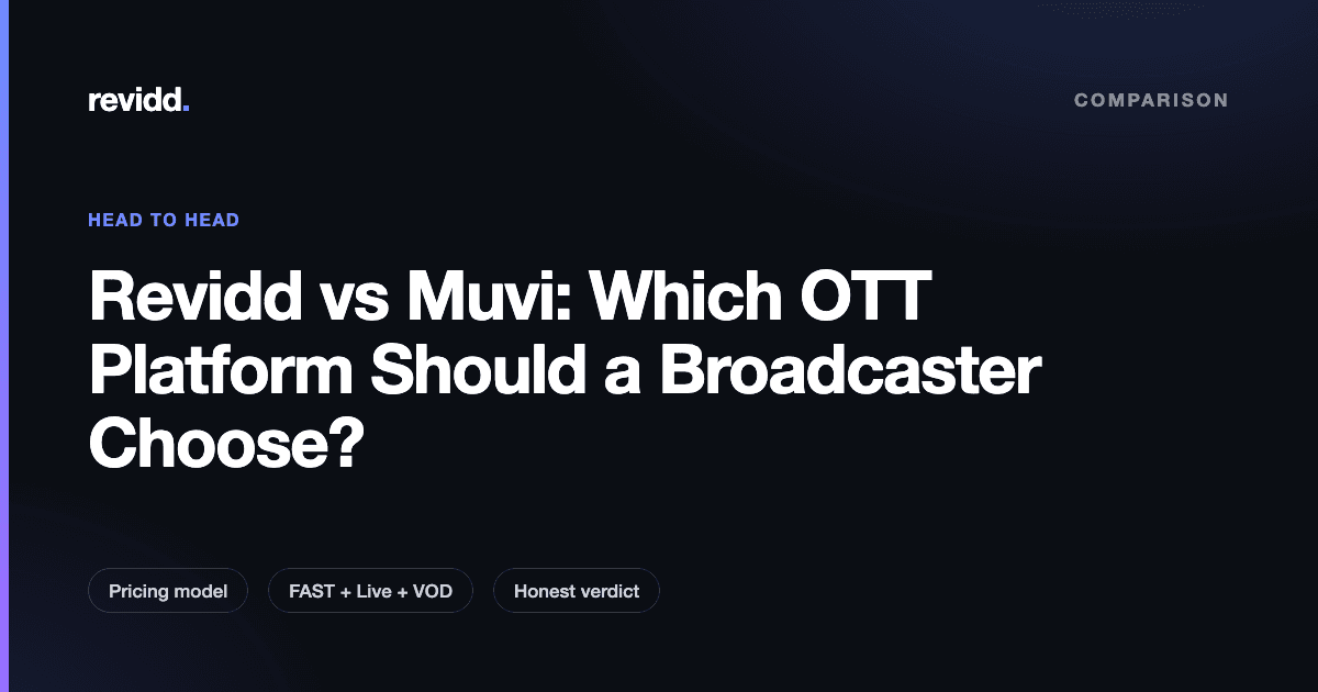 Revidd vs Muvi OTT platform comparison card showing pricing model, FAST channels, and device coverage