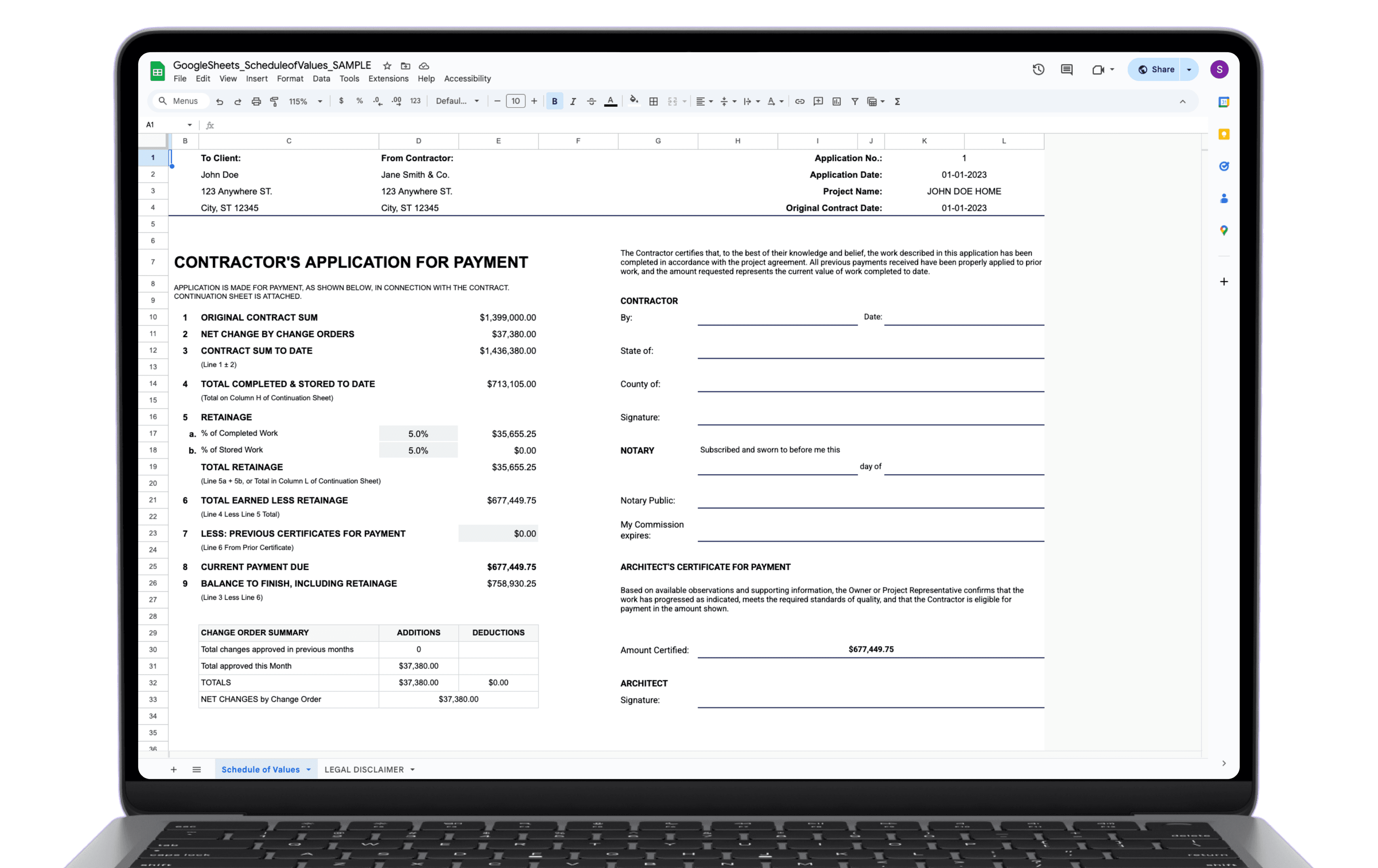 Image 4 — Schedule of Values Construction Schedule of Values Excel template showing a contractor application for payment with original contract sum, retainage calculations, change order summary, and current payment due.
