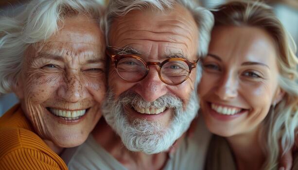 Three people smile closely together for a photo: an elderly woman with white hair, an elderly man with glasses, and a younger woman with blonde hair