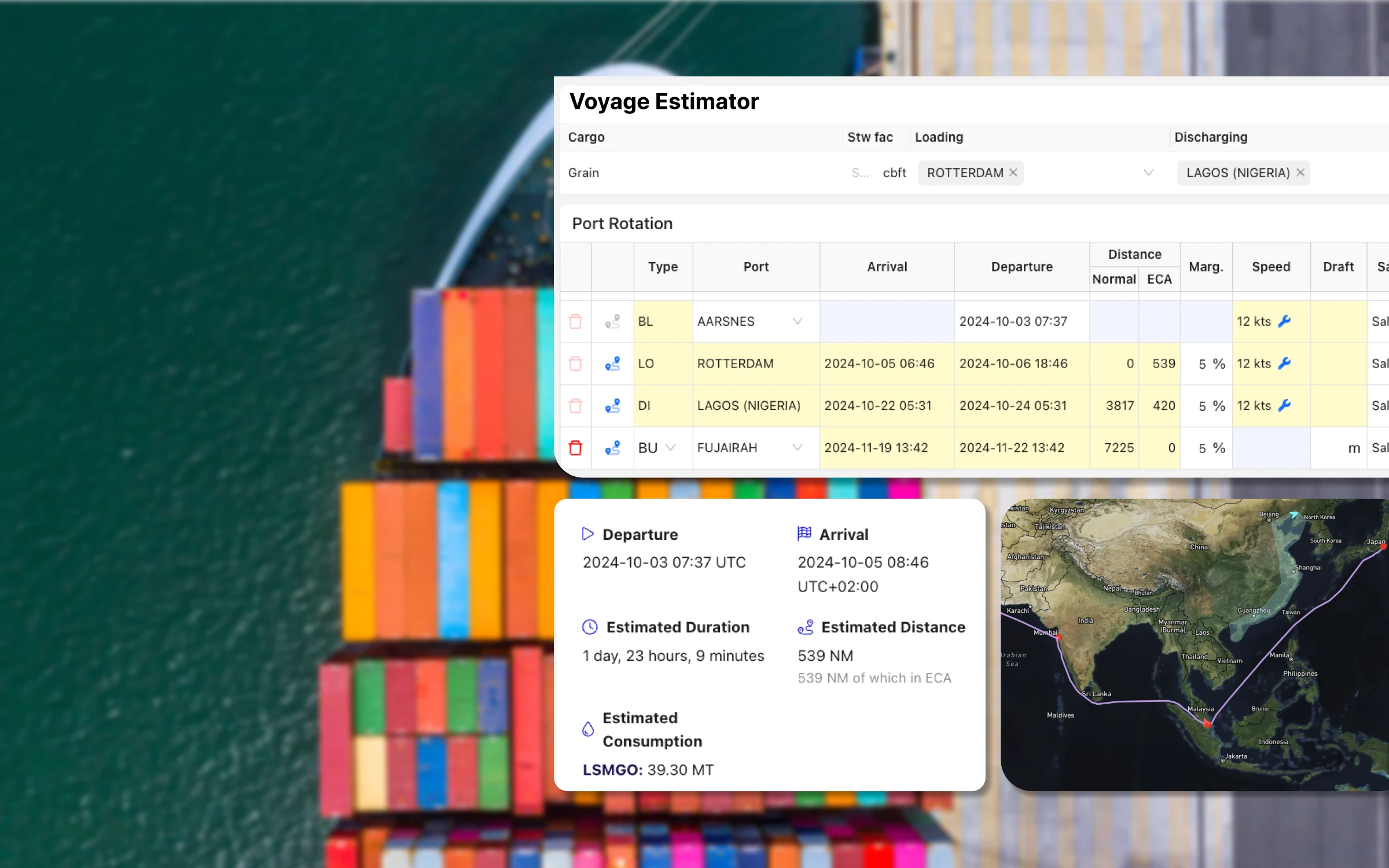 Container ship and voyage estimator