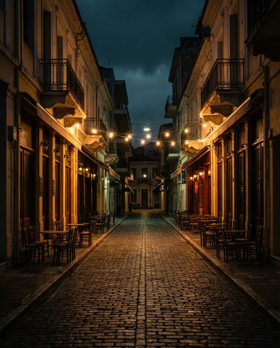 Nighttime street scene in Patras