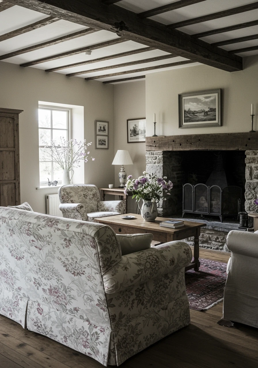 Rustic farmhouse living room with beige walls, exposed beams, and stone fireplace