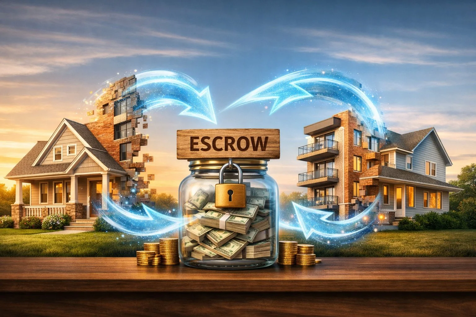 Visual metaphor showing two like-kind properties transforming into each other while cash stays in escrow, illustrating 1031 exchange reinvestment rules and avoiding boot.