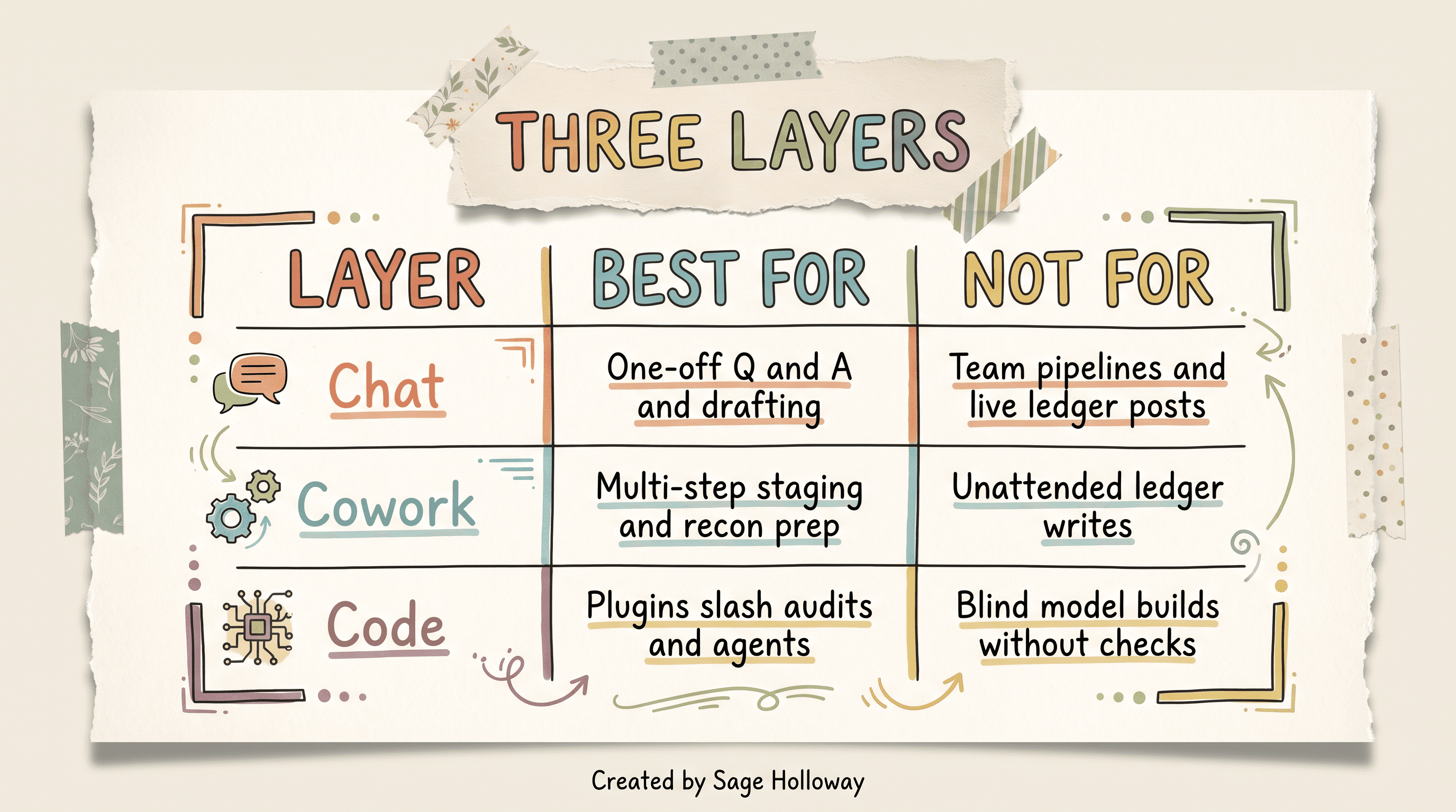 Table comparing Claude Chat, Claude Cowork, and Claude Code for financial analysis jobs