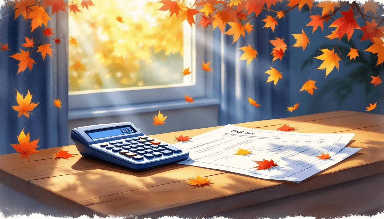 A visual representation of tax implications, featuring a calculator and tax forms on a table.