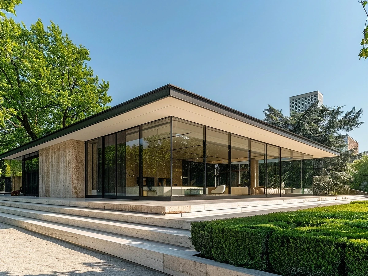 Modern glass-walled building with stone steps, surrounded by lush greenery under a clear blue sky, blending with nature.
