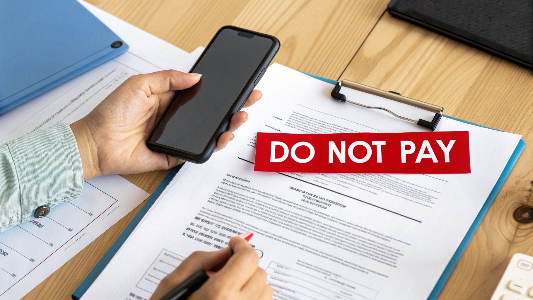 A person's hands review documents with a 