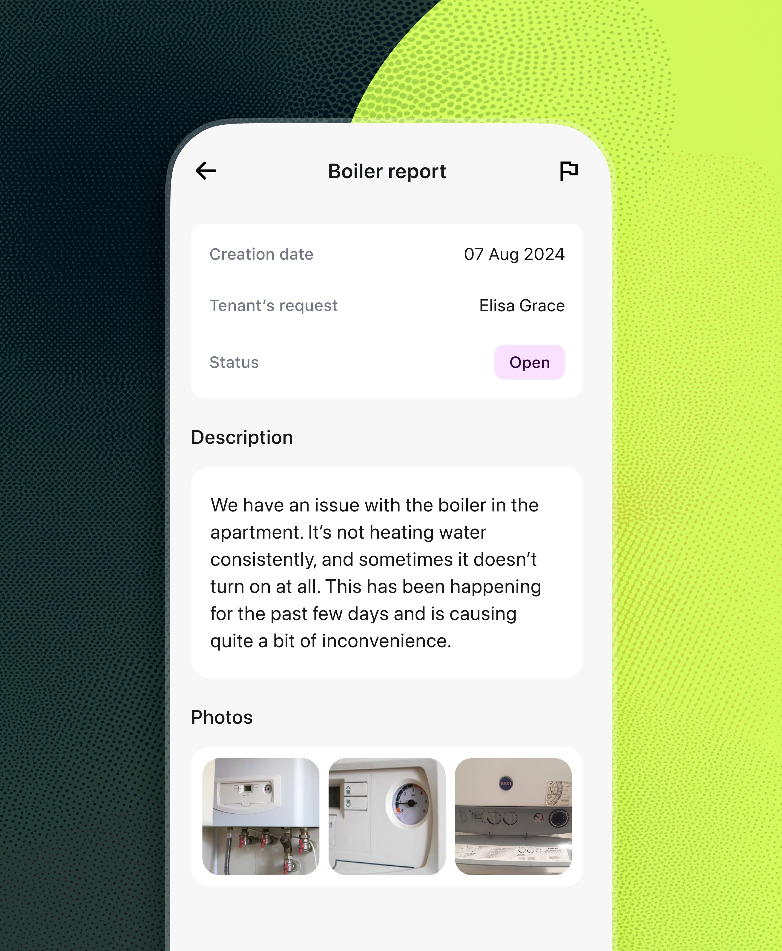August app showing Boiler report detail view with creation date 07 Aug 2024, tenant name Elka Grace, status Open, description of boiler heating issue, and photos of the boiler.