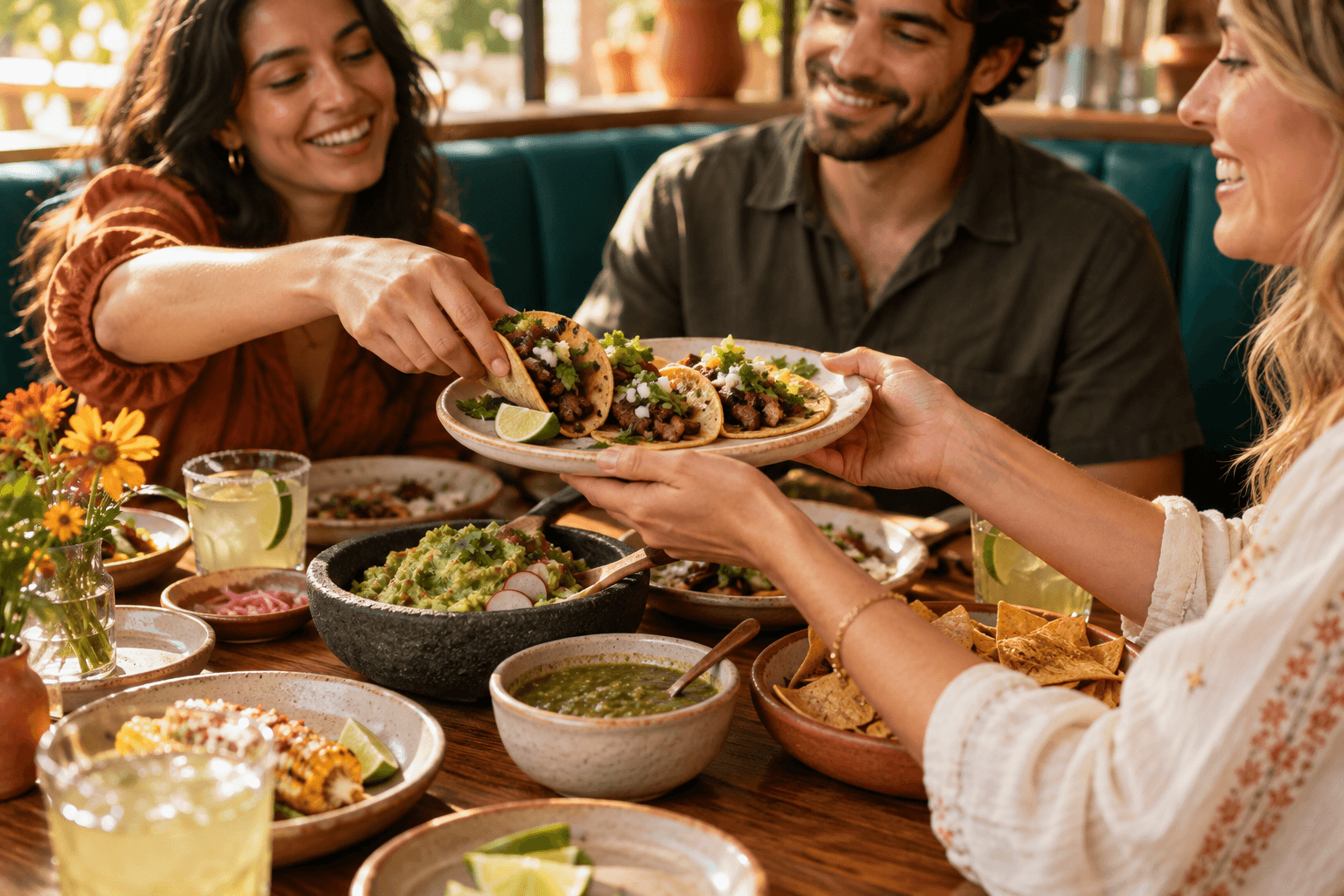 Friends sharing tacos and fresh salsa around a restaurant table