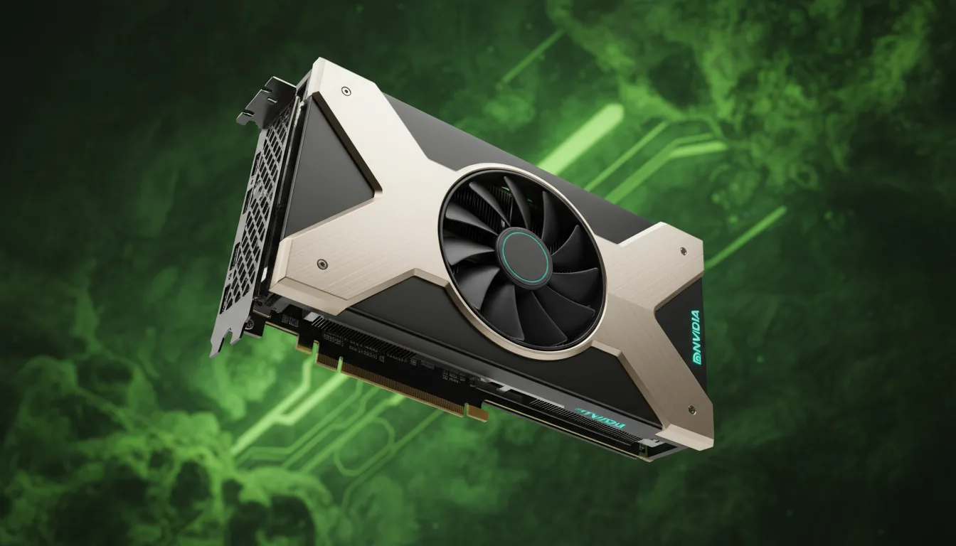 DSLR product photography of a futuristic NVIDIA RTX 5090 GPU, Founders Edition style, floating at an angle. The graphics card features a matte black metal shroud, silver-champagne brushed metal accents forming an 'X' shape, and a single black cooling fan. The shot has soft studio lighting against a vibrant, textured green background. Sharp focus, ultra-high detail, clean product shot.