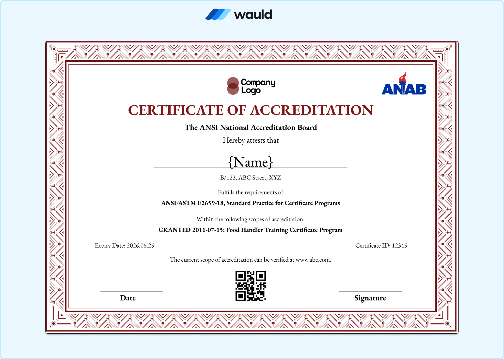 Red ornamental bordered certificate of accreditation template with recipient name field, accrediting board information, standard practice reference, scope of accreditation, certificate ID, expiry date, QR code, and signature line