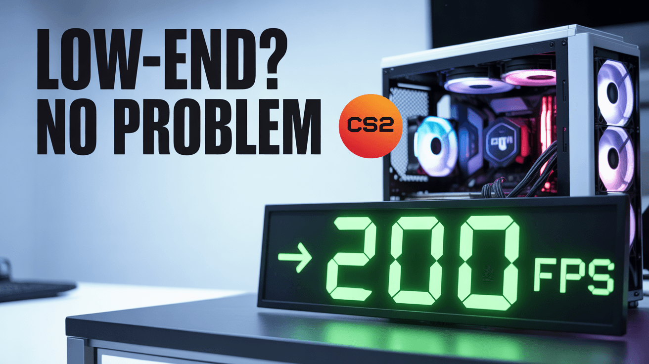 Budget gaming PC with green 200 FPS counter CS2 logo and Low-End No Problem text