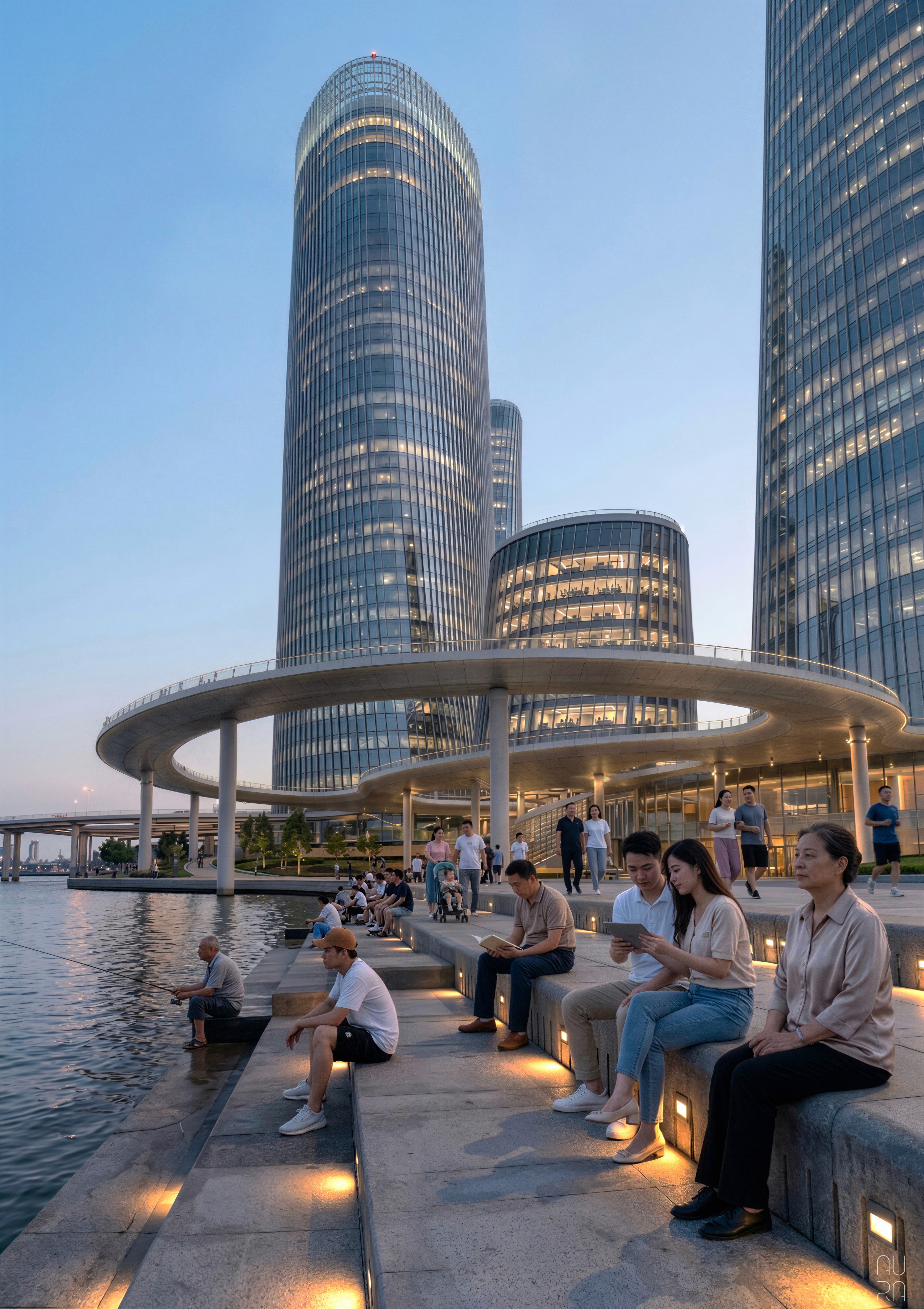 Architectural visualization of Halo — vertical twilight view of people relaxing on the illuminated waterfront steps beneath the circular ring promenade, Shenzhen, China