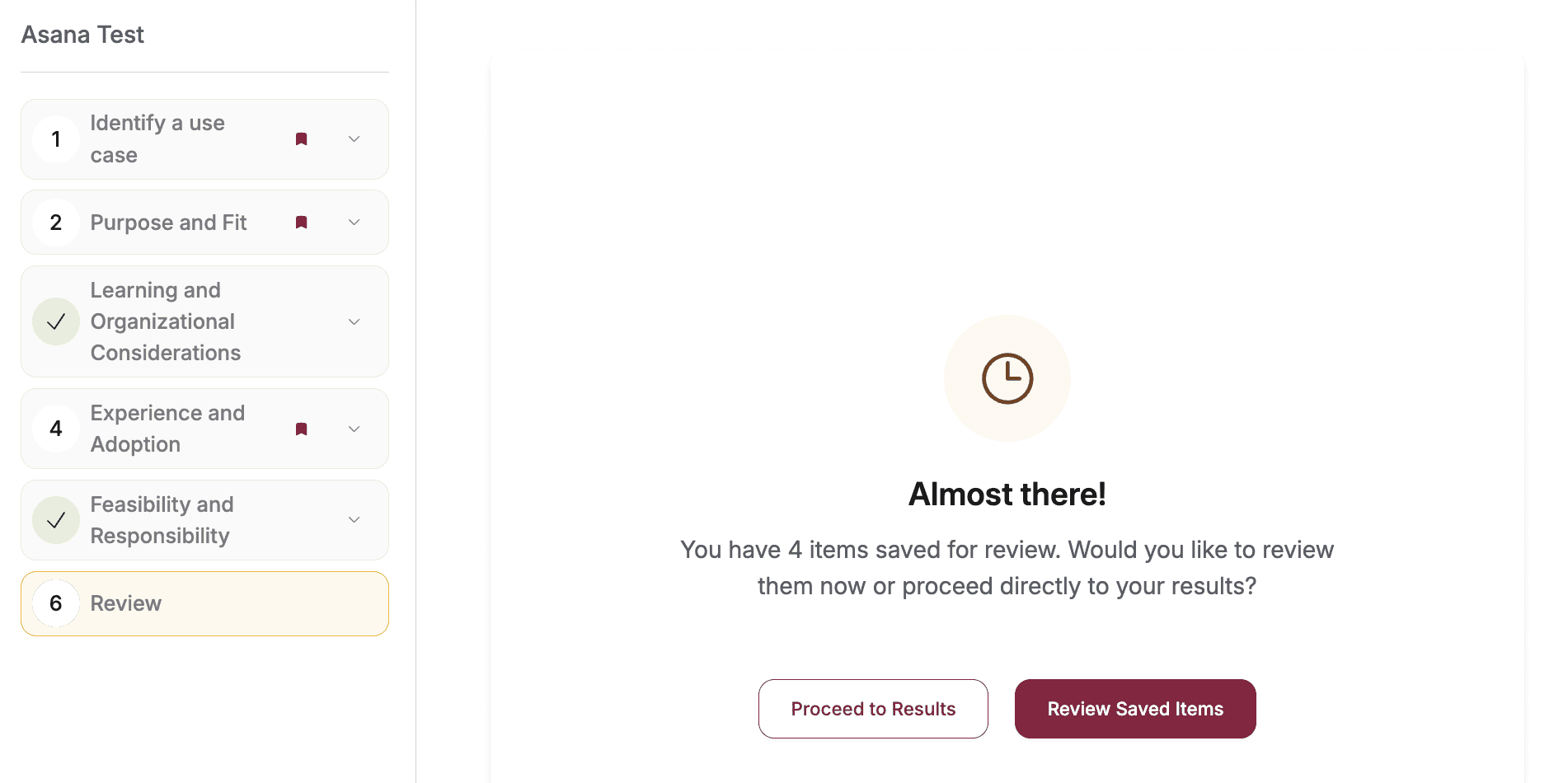 AI-X Guide review step listing 4 items saved for review, with Proceed to Results and Review Saved Items