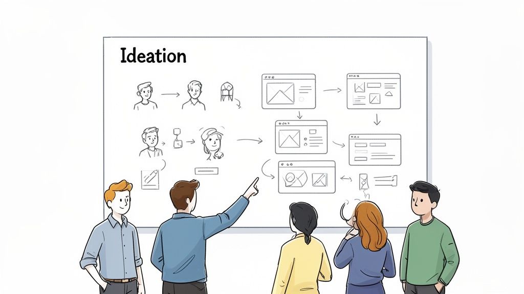 A team of five people collaborates on a whiteboard, discussing ideation and product design wireframes.