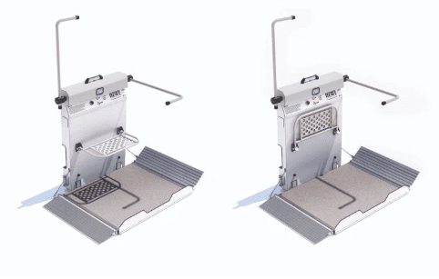 Elevate Glide incline platform lift shown with fold-down seat option deployed on the left and folded away on the right, for use by ambulant passengers